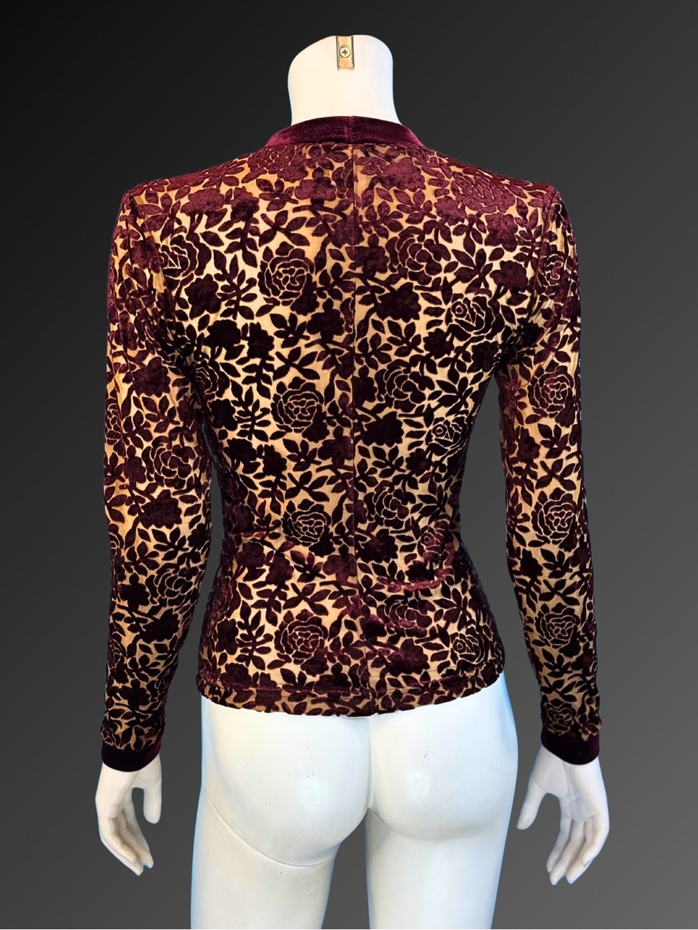 90s Burgundy Velvet Burnout Romantic Gothic Floral Devore Cardigan | XS S - Picture 7 of 11